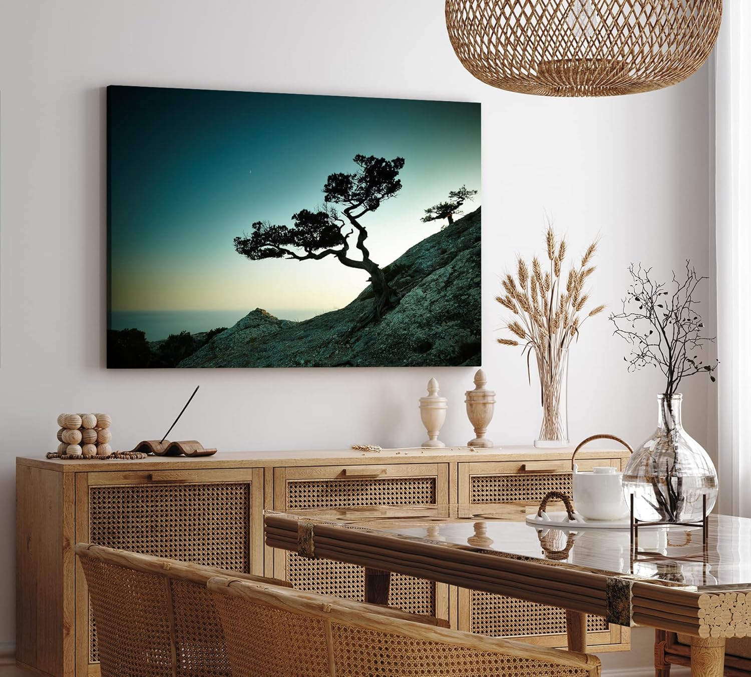 Paul Sinus Wandbild 120x80cm Sächsische Schweiz Baum Felsen Felsbaum Abend Fotokunst