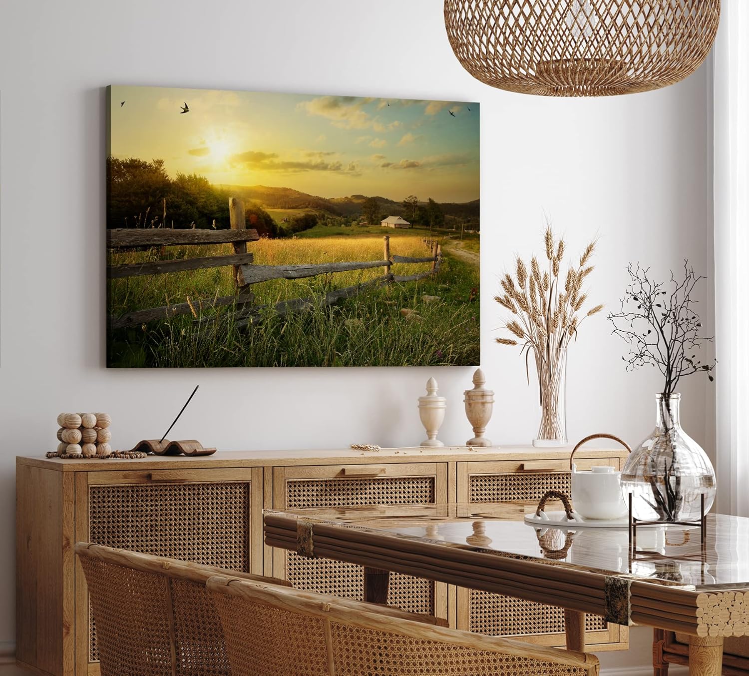 Paul Sinus Wandbild 120x80cm Landschaft Holzzaun Schwalben Sonnenuntergang Natur