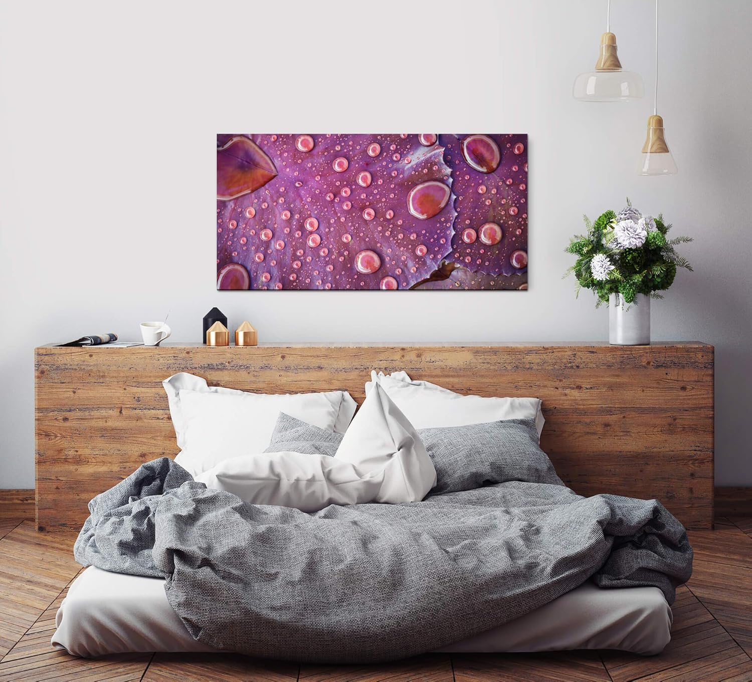 Wassertropfen auf einem Blatt ca. 130x70cm Wandbild inklusive Schattenfugenrahmen weiss - Panorama Leinwand Bild XXL Format Wandbilder Wohnzimmer Wohnung Deko Kunstdrucke