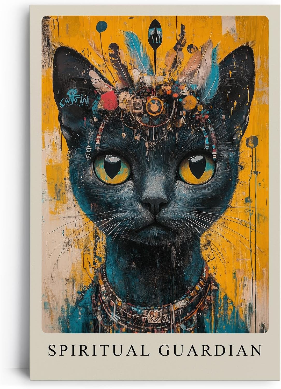 Paul Sinus Leinwandbild 80x120cm Spiritual Guardian mystische schwarze Katze spirituell faszinierend Symbolik kraftvolle Farben goldene Augen