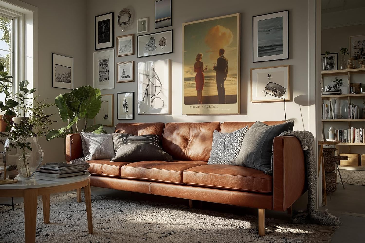 Paul Sinus Wandbild in 40x60cm Atomic Cocktail Vintage-Szene mit elegant gekleidetem Paar am Strand vor aufsteigender Wolke für stilvolle Retro-Raumgestaltung