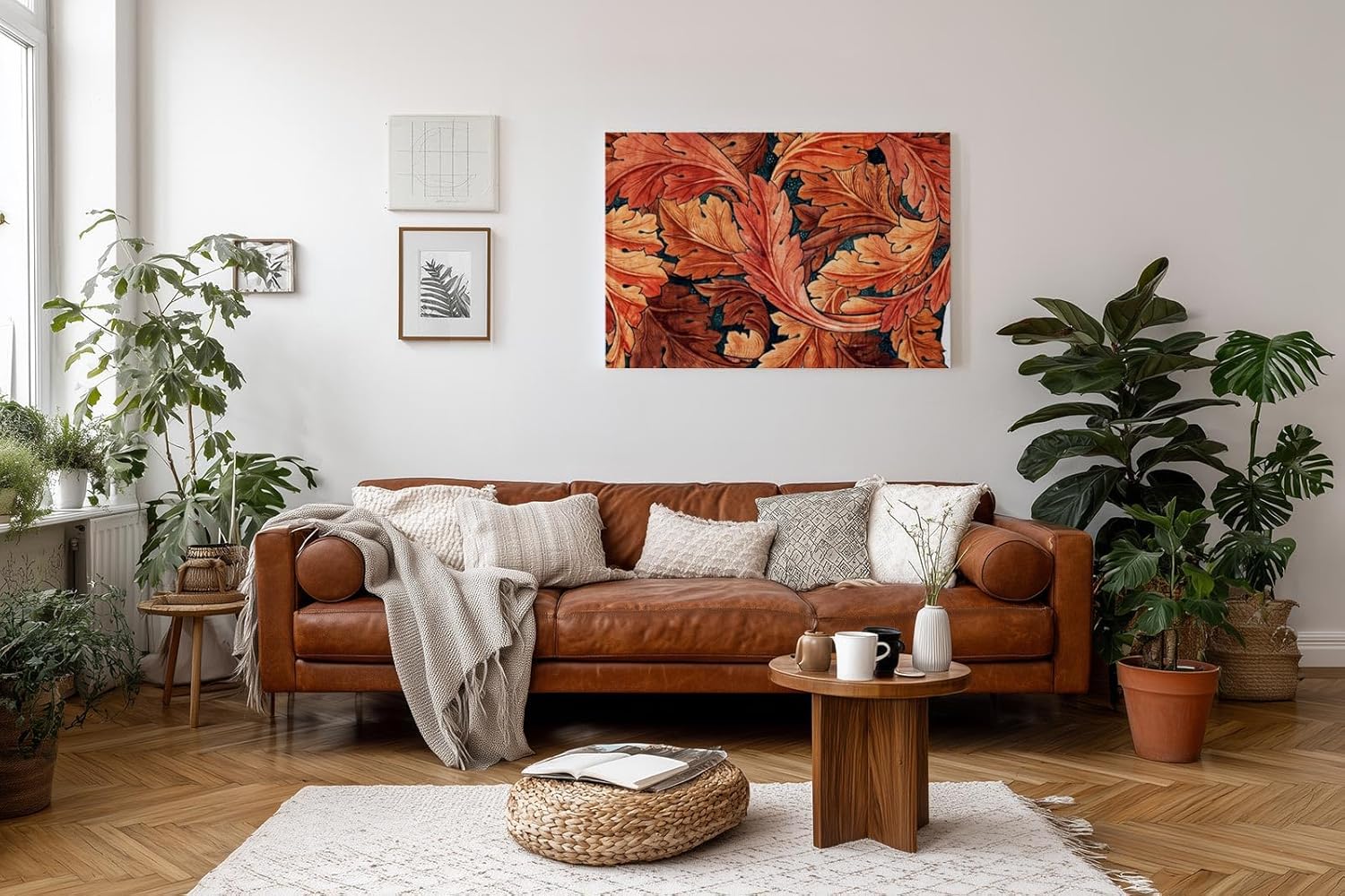 Sinus Art Wandbild 120x80cm Dynamisches Blattmotiv in warmen Rottönen auf dunklem Hintergrund in ornamentaler Form