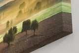 Sinus Art Wandbild 120x80cm Sanfte Hügel mit Olivenbäumen und Zypressen im Dunst des Sonnenaufgangs