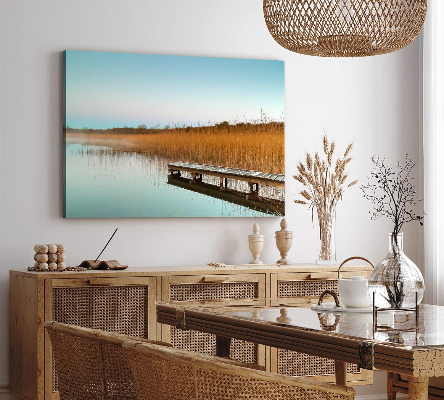 Paul Sinus Wandbild 120x80cm See Seesteg Natur Halme Holzsteg Wasser
