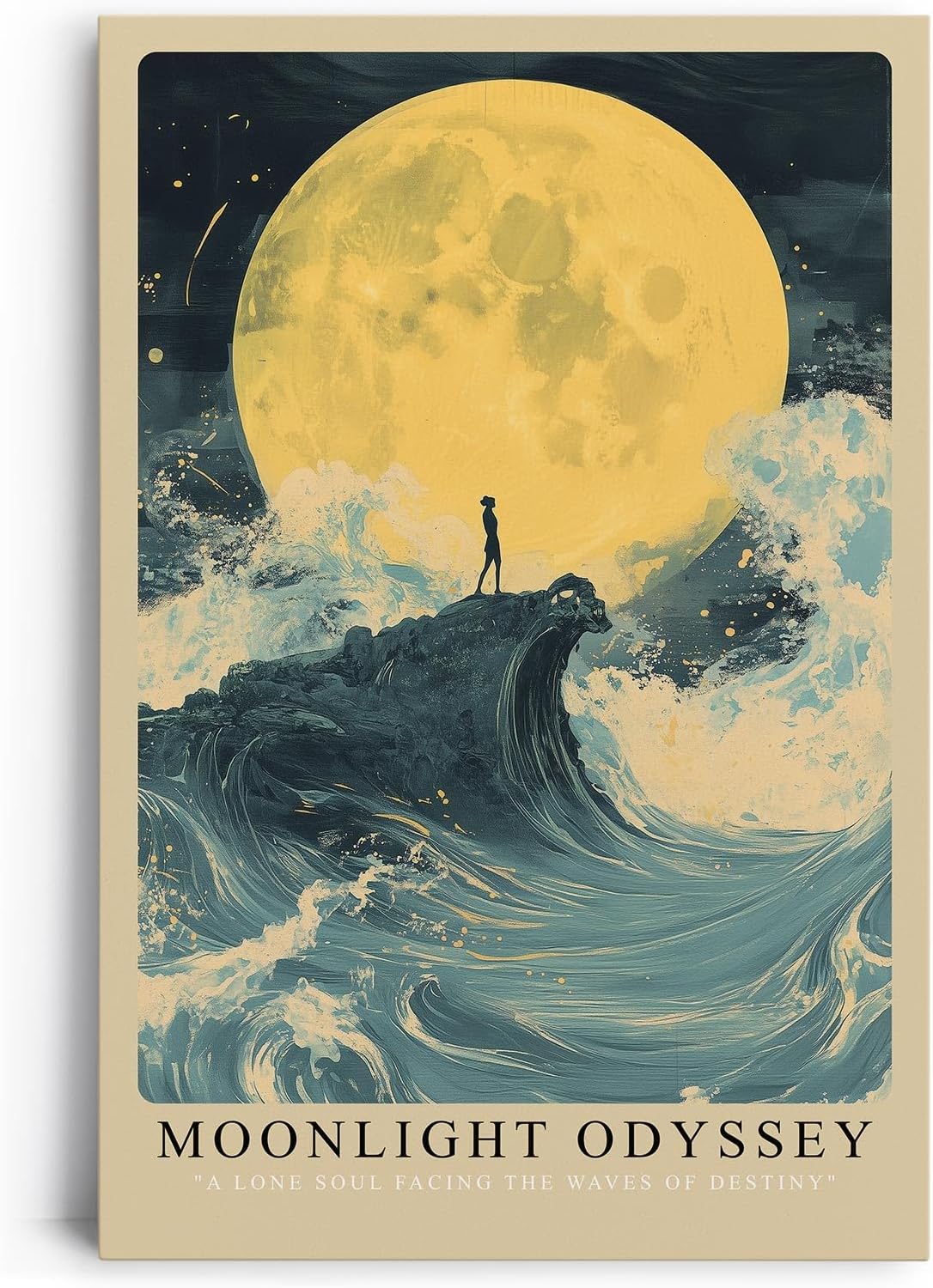 Paul Sinus Leinwandbild 80x120cm Moonlight Odyssey – Mystische Mondszene mit einsamer Silhouette auf einer Welle, umgeben von stürmischem Meer