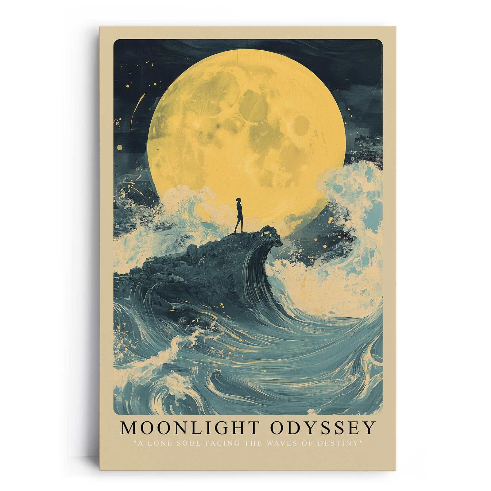 Paul Sinus Leinwandbild 80x120cm Moonlight Odyssey – Mystische Mondszene mit einsamer Silhouette auf einer Welle, umgeben von stürmischem Meer