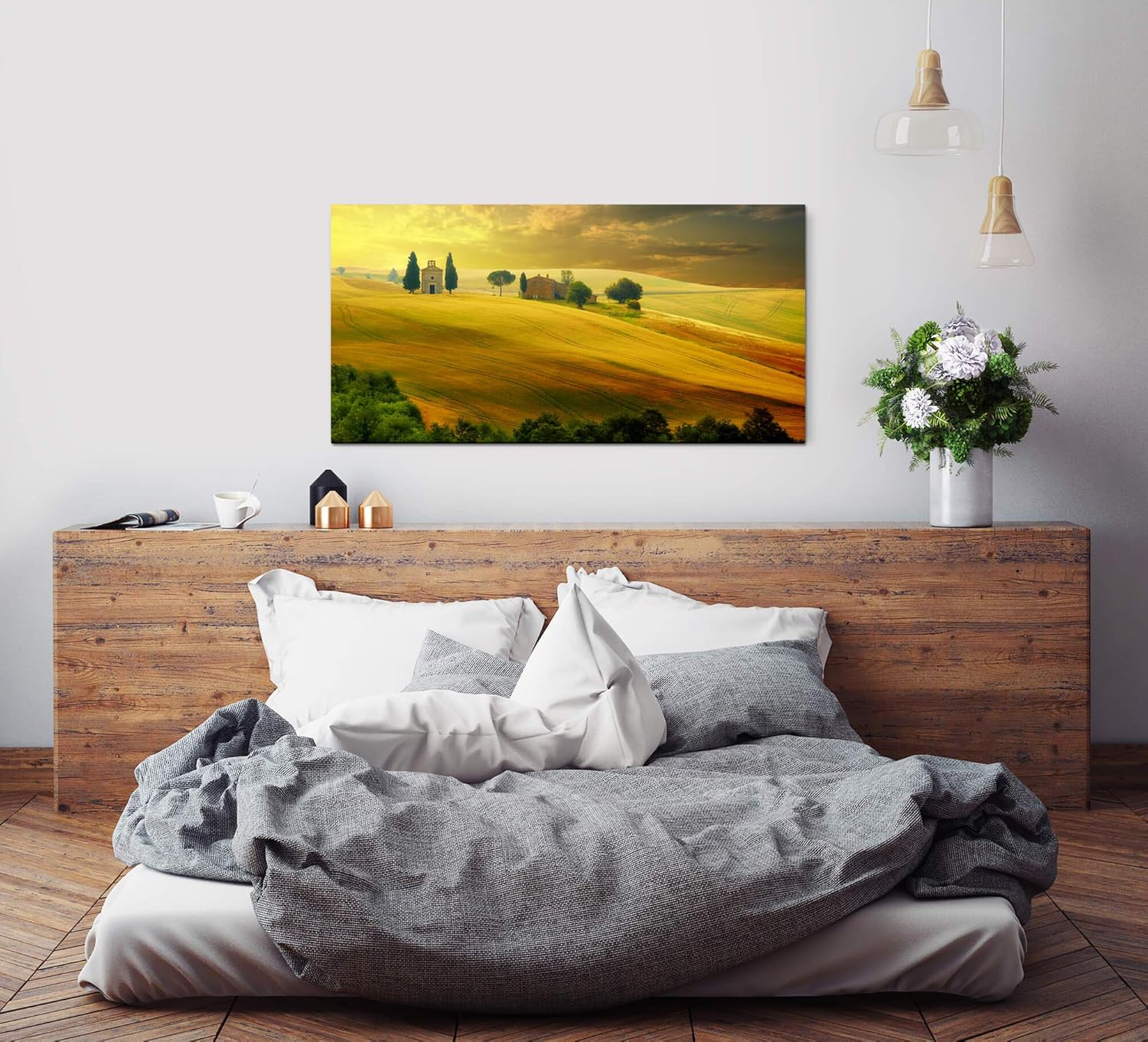 Landschaft in der Toscana ca. 130x70cm Wandbild inklusive Schattenfugenrahmen weiss - Panorama Leinwand Bild XXL Format Wandbilder Wohnzimmer Wohnung Deko Kunstdrucke