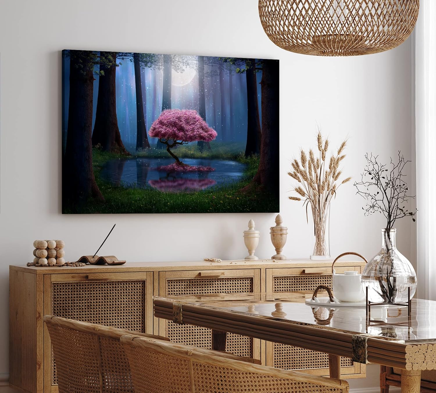 Paul Sinus Wandbild 120x80cm Märchenwald Bonsai Wald Vollmond Bäume Teich