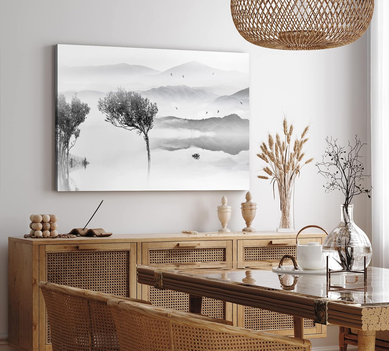 Paul Sinus Wandbild 120x80cm Berge See Fischerboot Schwarz Weiß Baum Kunstvoll