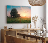 Wandbild 120x80cm Sonnenaufgang Natur Landschaft Nebel Baum Wiese