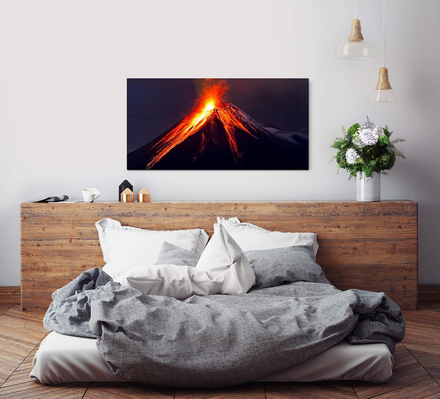 Vulkan mit Lava ca. 130x70cm Wandbild inklusive Schattenfugenrahmen weiss - Panorama Leinwand Bild XXL Format Wandbilder Wohnzimmer Wohnung Deko Kunstdrucke