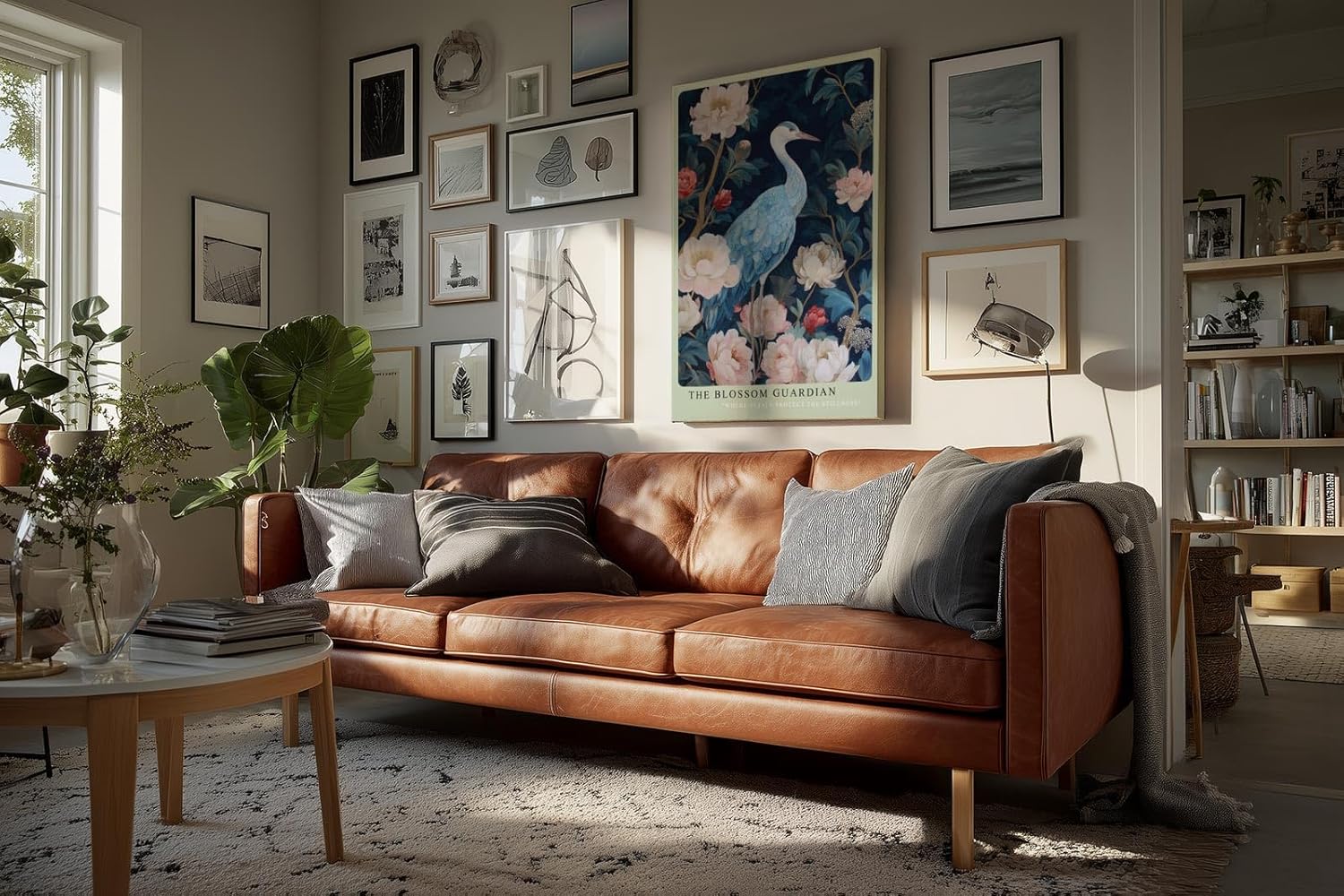 Paul Sinus Wandbild in 40x60cm The Blossom Guardian mit elegantem Kranich zwischen blühenden Pfingstrosen für harmonische Wandgestaltung