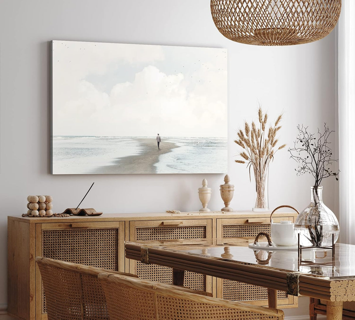 Paul Sinus Wandbild 120x80cm Einsamer Mann Nordsee Meer Horizont Hell weißer Himmel