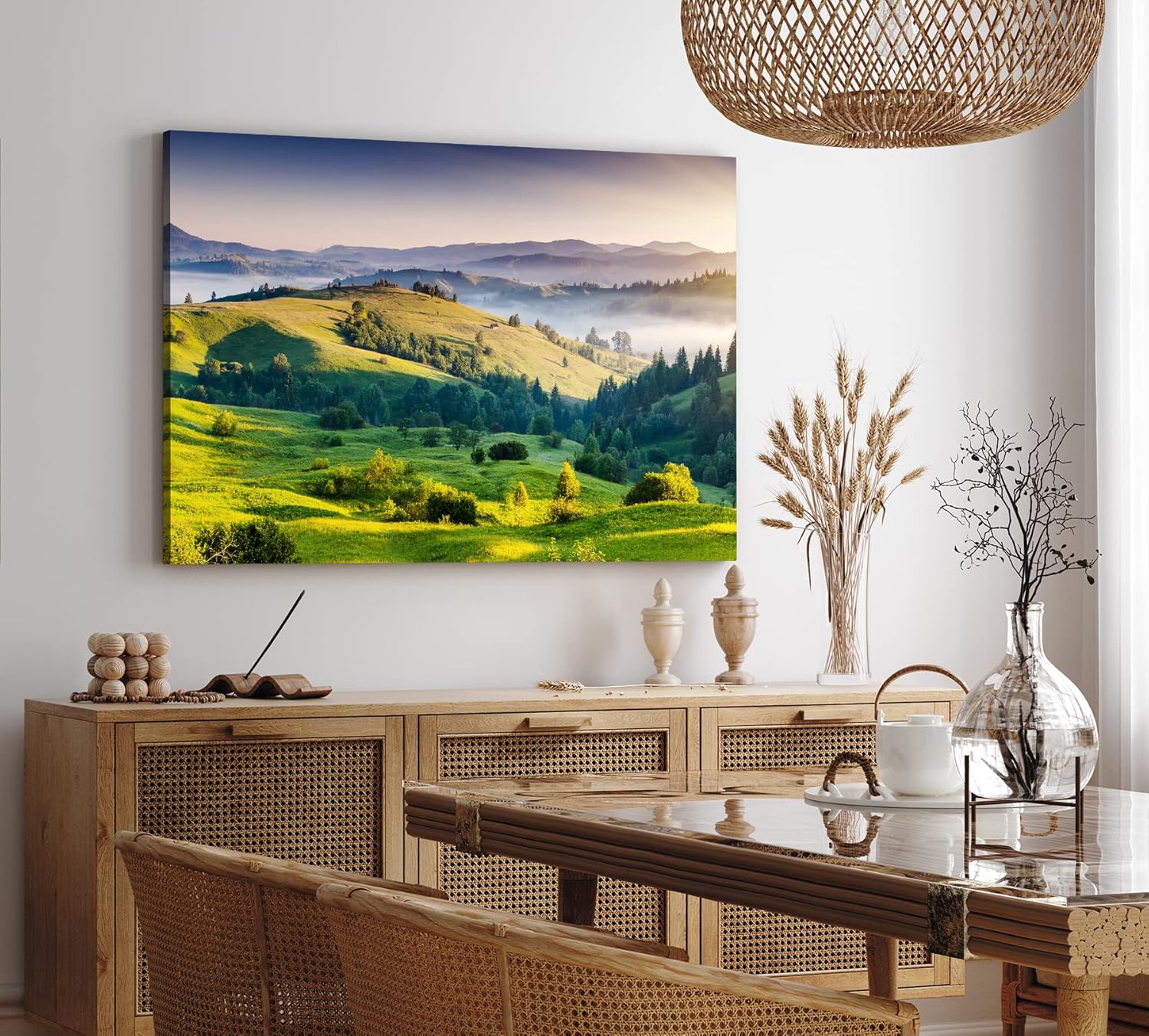 Paul Sinus Wandbild 120x80cm Berge Hügel Wiese Landschaft Grün Nebel Morgentau