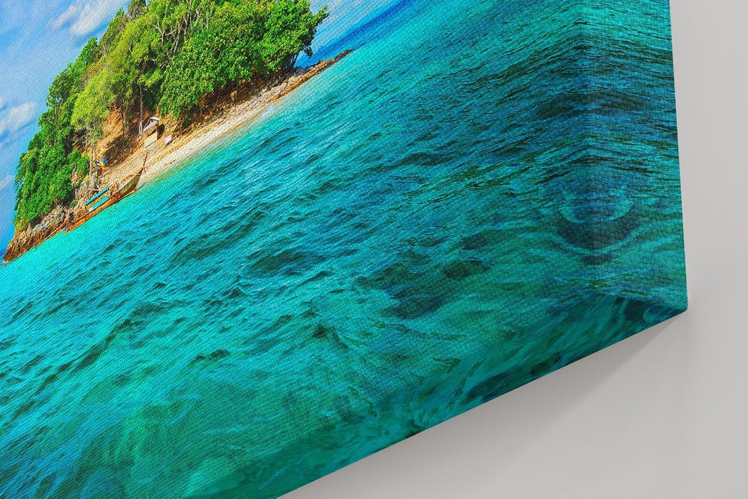 Sinus Art Wandbild 120x80cm Kleine tropische Insel mit Palmen und weißem Strand im türkisfarbenen Wasser