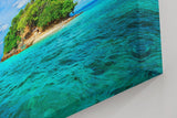 Sinus Art Wandbild 120x80cm Kleine tropische Insel mit Palmen und weißem Strand im türkisfarbenen Wasser