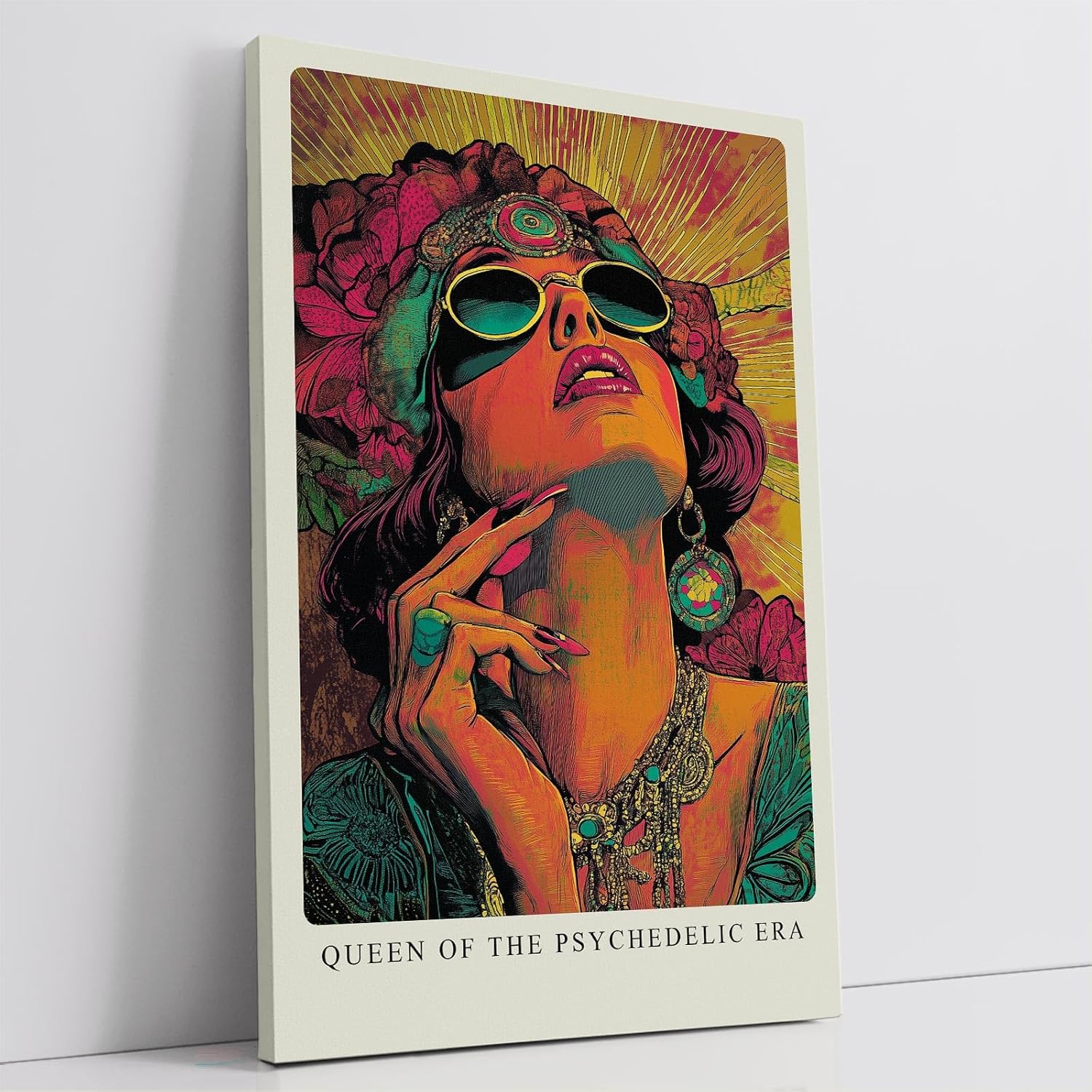 Paul Sinus Leinwandbild 60x90cm psychedelische Queen in leuchtenden Farben und ikonischem Retro-Stil – kunstvolles Leinwandbild
