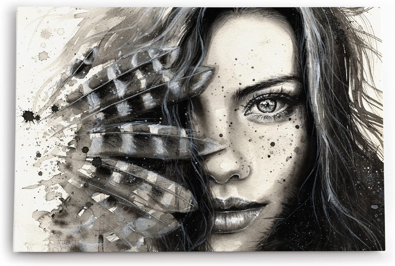 Wandbild 120x80cm Porträt einer jungen Frau Kunstvoll Schönheit Federn