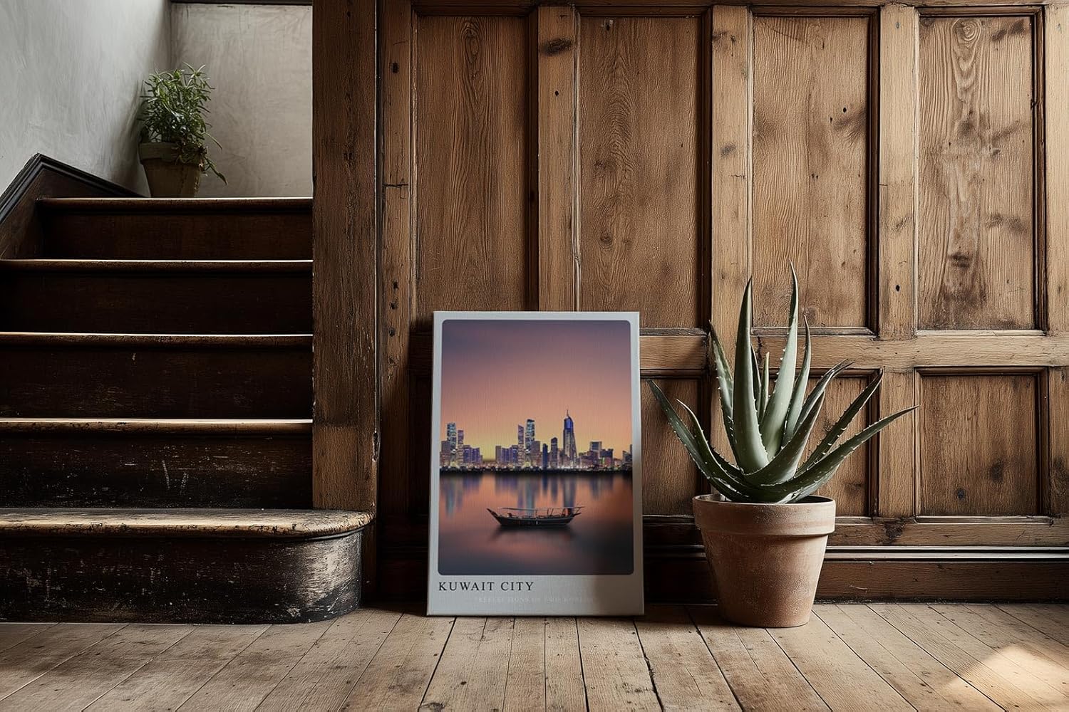 Paul Sinus Kunstdruck 40x60cm Kuwait City bei Sonnenuntergang – Skyline mit traditionellem Boot auf ruhigem Wasser