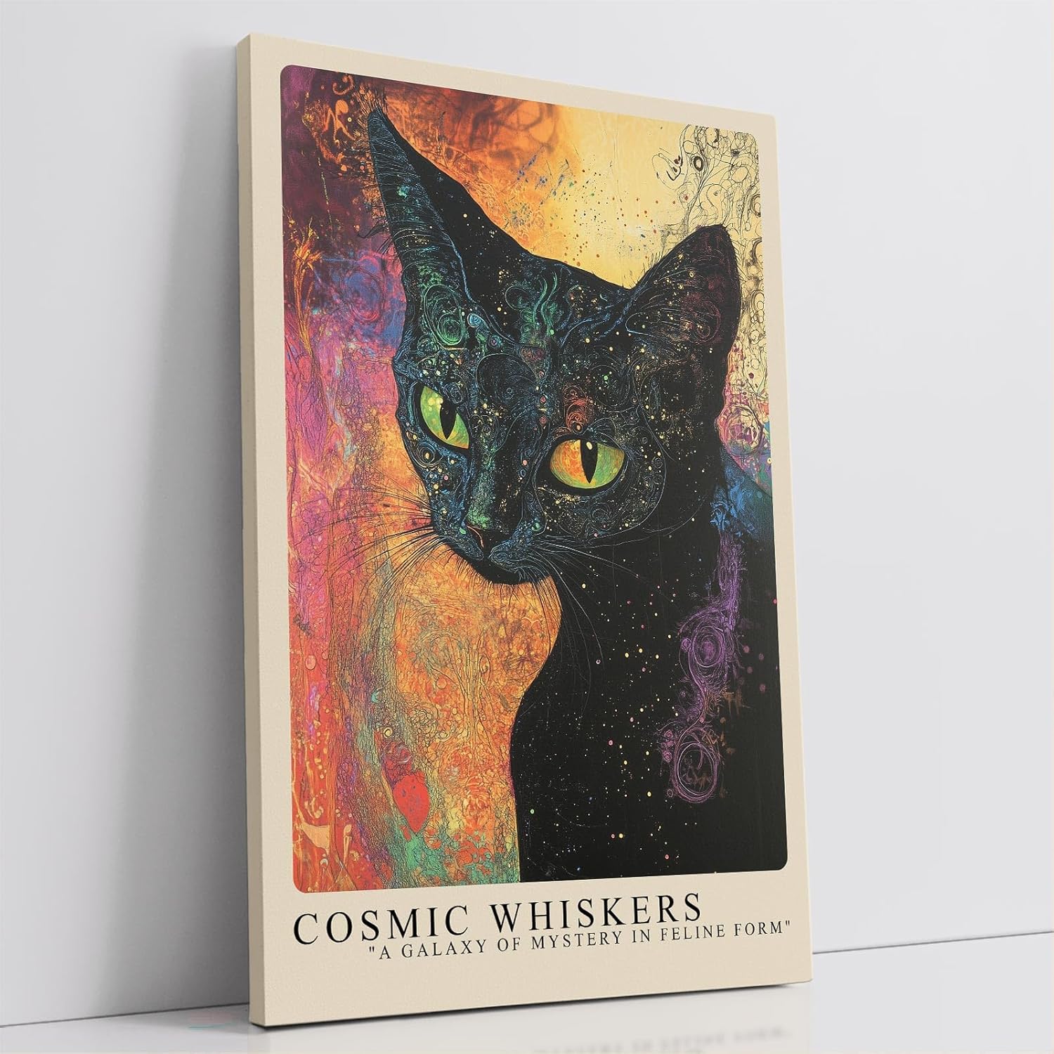 Paul Sinus Leinwandbild 60x90cm faszinierende Darstellung einer kosmischen Katze mit leuchtenden Augen, kunstvolle Wandkunst in galaktischen Farben