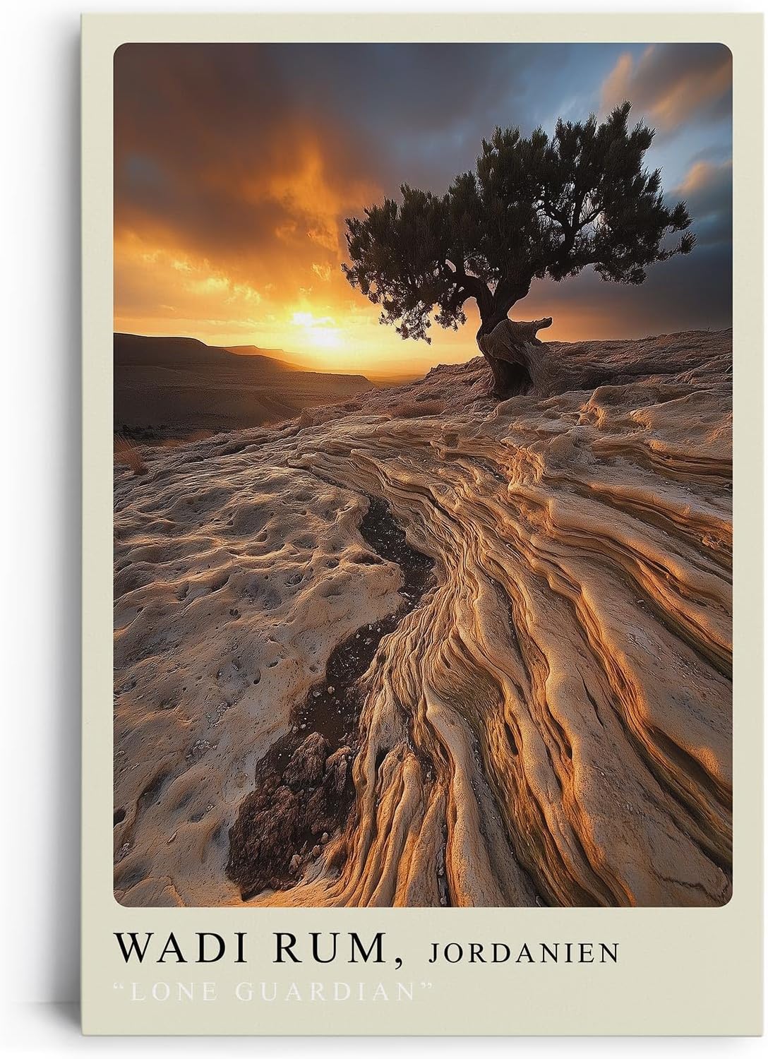 Paul Sinus Leinwandbild 80x120cm Wadi Rum Einsamer Wächter – Mystische Wüstenlandschaft mit Baum und dramatischem Sonnenuntergang in Jordanien, Natur