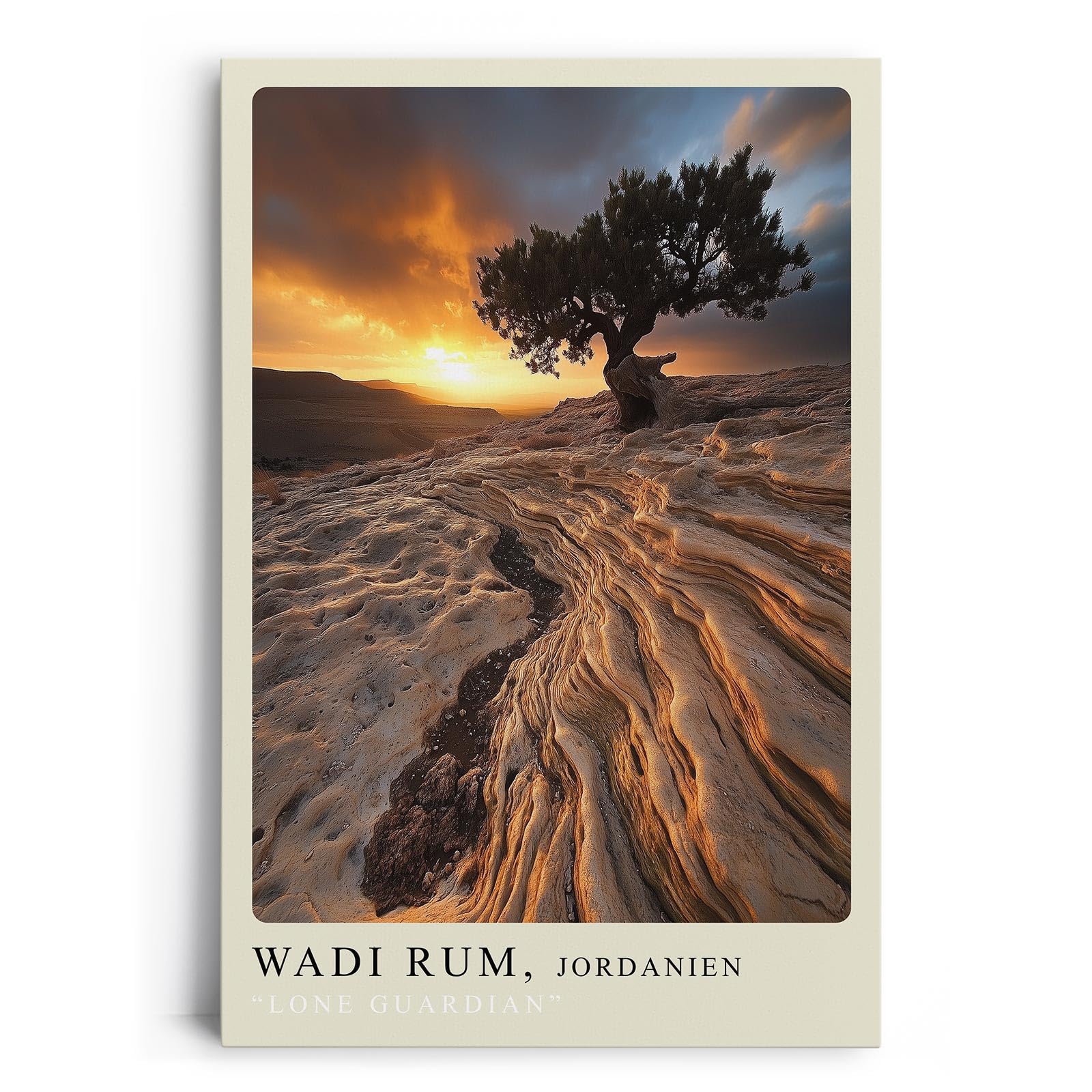 Paul Sinus Leinwandbild 80x120cm Wadi Rum Einsamer Wächter – Mystische Wüstenlandschaft mit Baum und dramatischem Sonnenuntergang in Jordanien, Natur