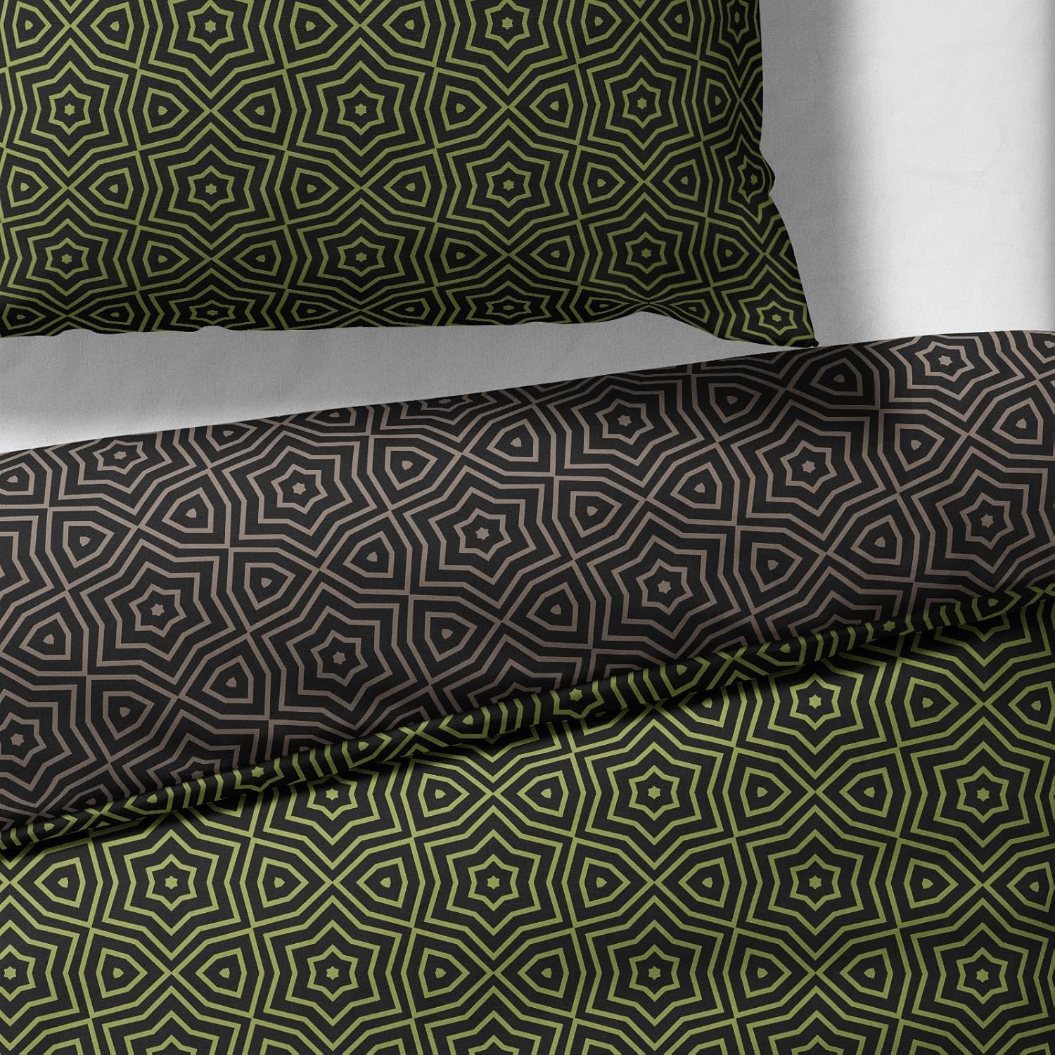 Sinus Art Mikrofaser Bettwäsche 135x200 cm + 80x80 cm – Wendedesign in Schwarz & Olivgrün mit inspiriertem Sternmuster, pflegeleicht & allergikerfreundlich