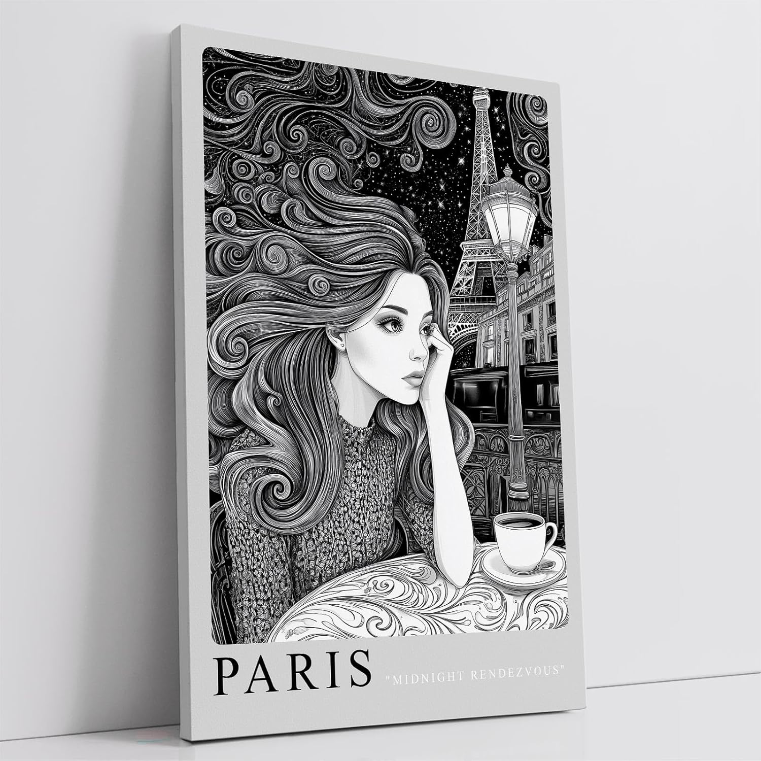 Paul Sinus Leinwandbild 40x60cm Paris Midnight Rendezvous Leinwandbild stilvolle Schwarz-Weiß-Kunst mit nachdenklicher Frau und Eiffelturm