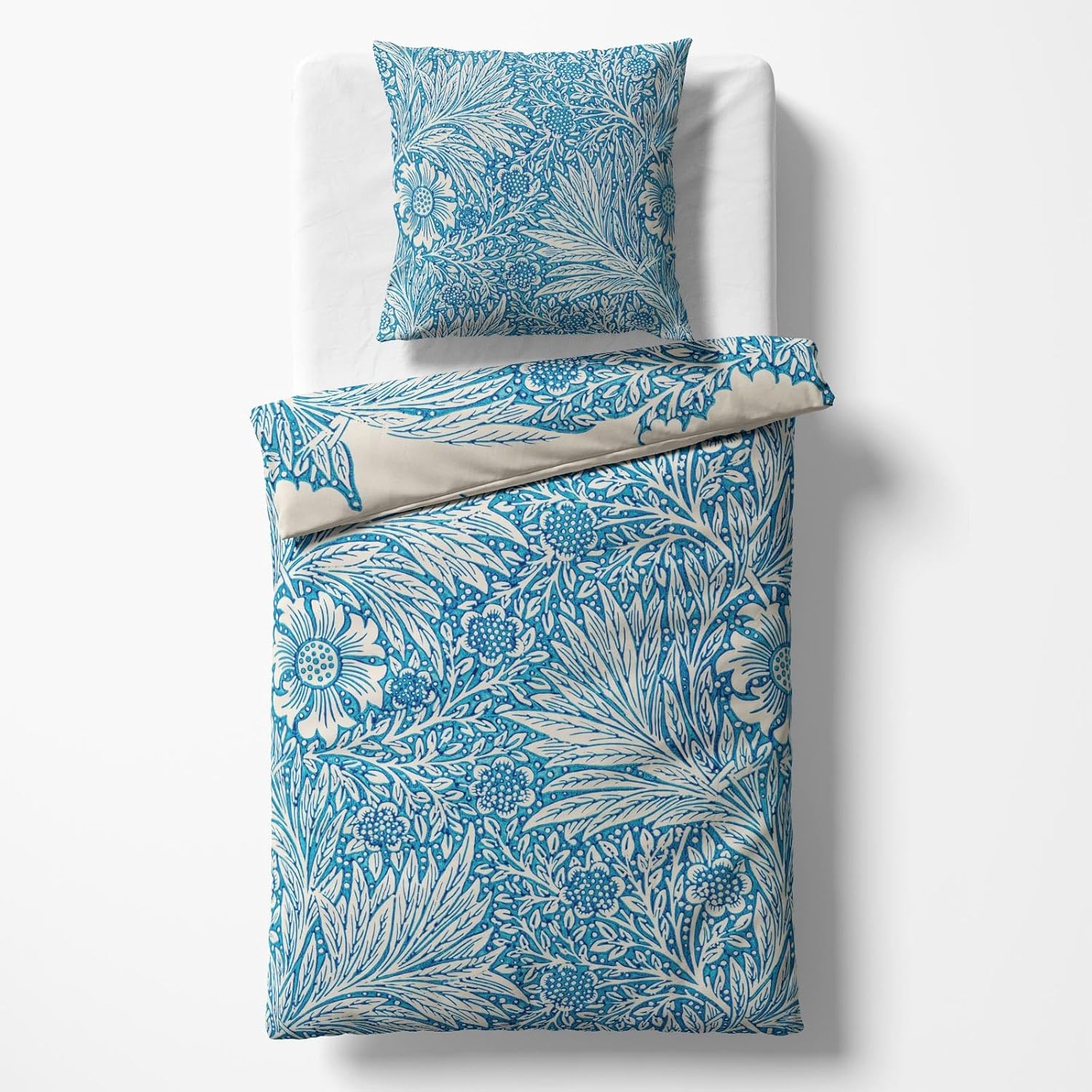 Sinus Art Bettwäsche 135x200 cm + 80x80 cm – florales Wendedesign in Blau und Beige – Mikrofaser – weich & stilvoll