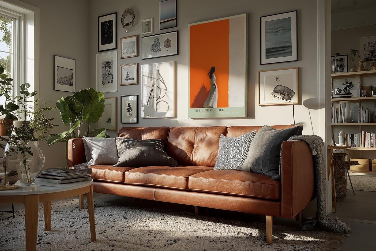 Paul Sinus Wandbild in 40x60cm Frau im weißen Kleid vor farbgetrennter Wand in Orange und Weiß