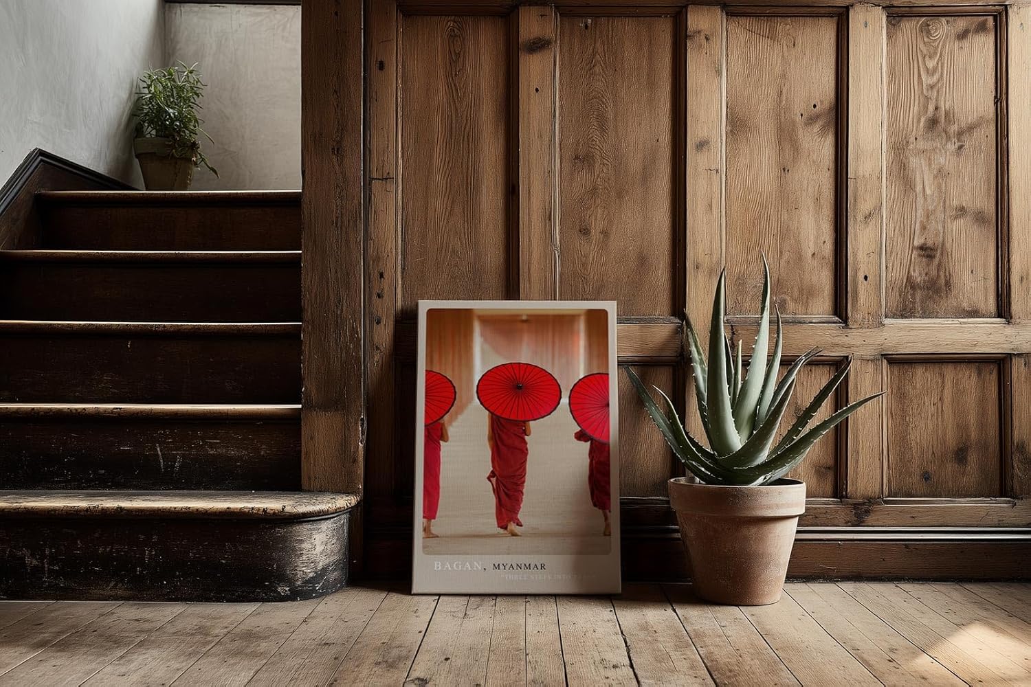 Paul Sinus Kunstdruck 40x60cm Bagan – buddhistische Mönche mit roten Schirmen in Myanmar