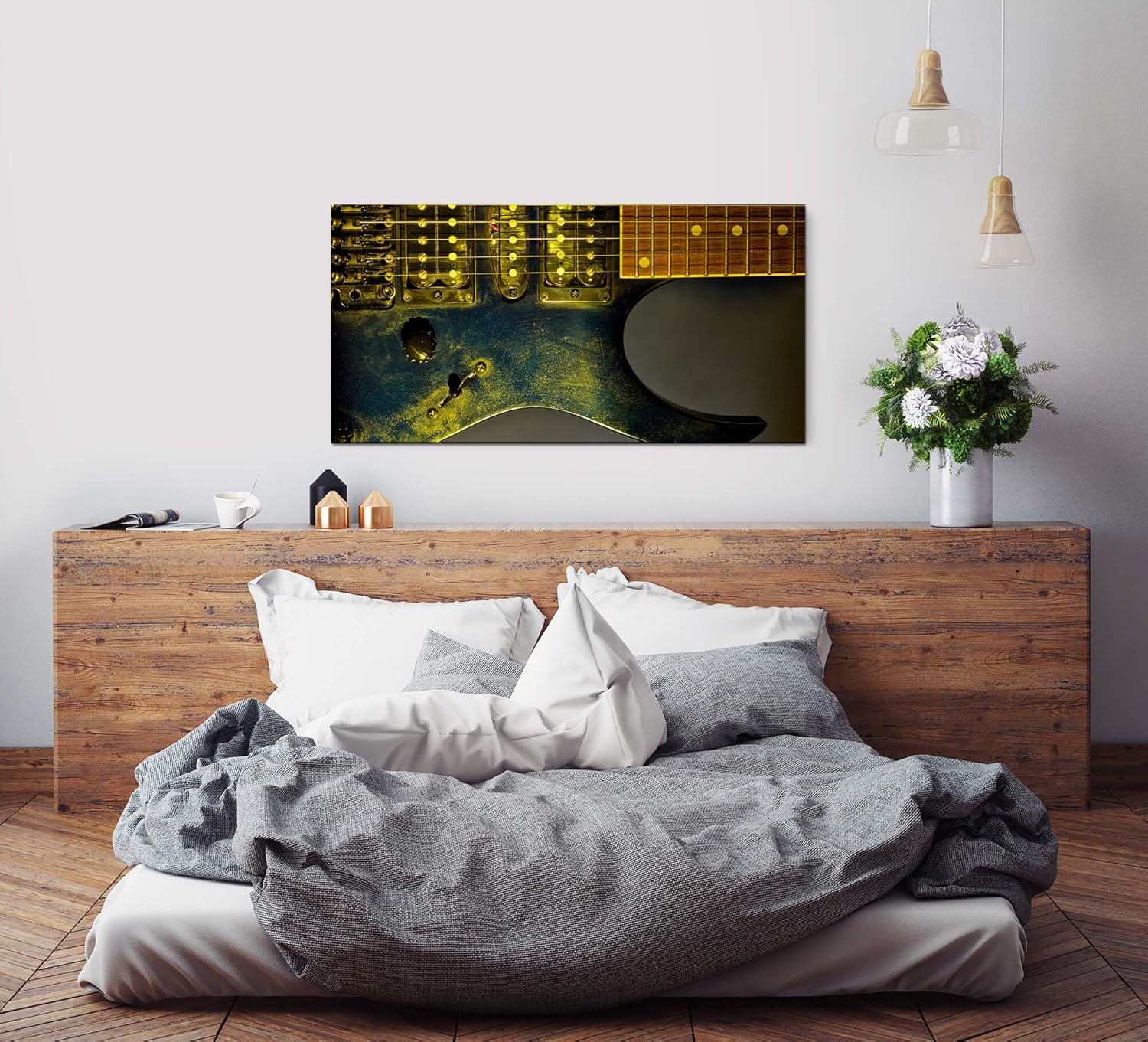 Gitarre in schwarz ca. 130x70cm Wandbild inklusive Schattenfugenrahmen schwarz - Panorama Leinwand Bild XXL Format Wandbilder Wohnzimmer Wohnung Deko Kunstdrucke