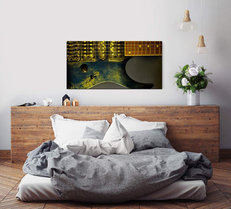 Gitarre in schwarz ca. 130x70cm Wandbild inklusive Schattenfugenrahmen schwarz - Panorama Leinwand Bild XXL Format Wandbilder Wohnzimmer Wohnung Deko Kunstdrucke