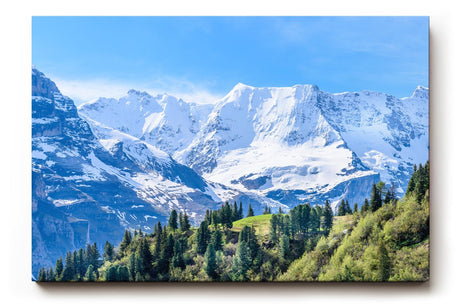 Sinus Art Wandbild 120x80cm Beeindruckendes Panorama mit schneebedeckten Gipfeln und grünen Hängen im Vordergrund