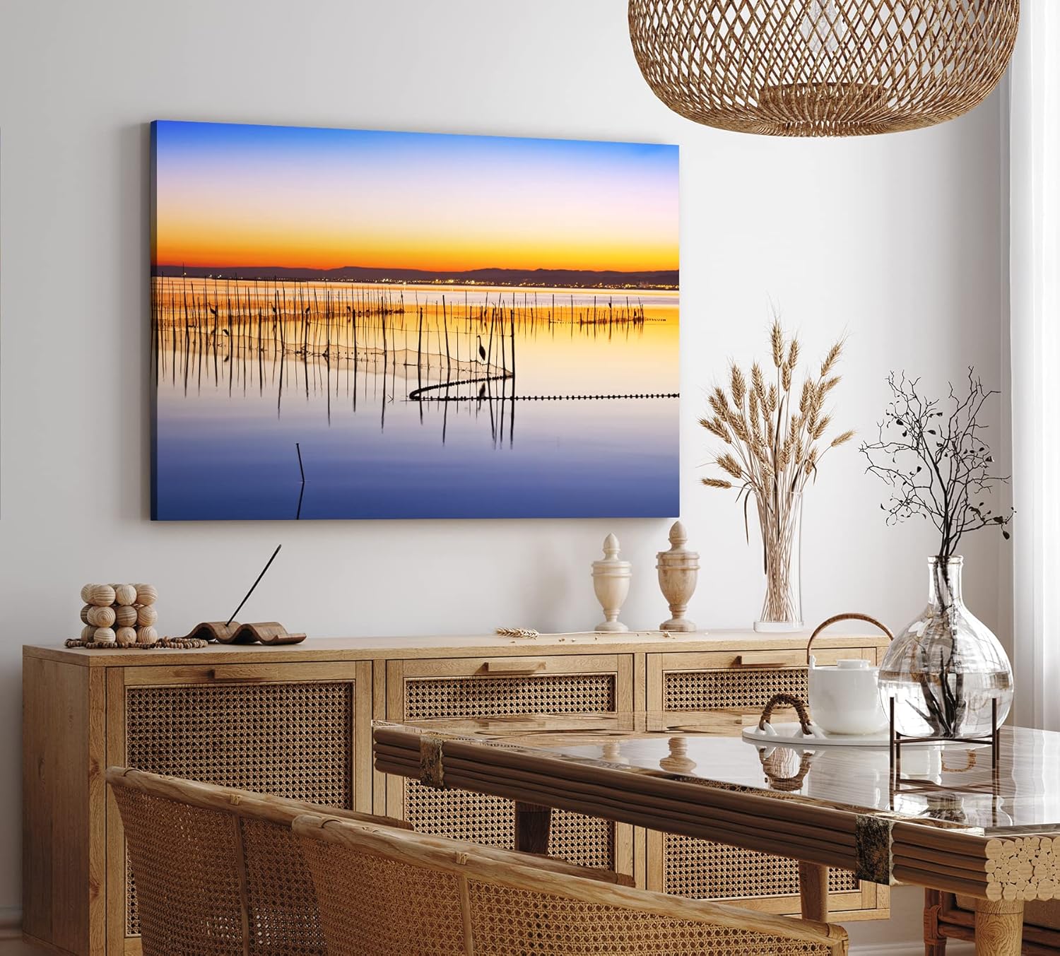 Paul Sinus Wandbild 120x80cm Abendröte Meer Fischernetze Kraniche Horizont Berge