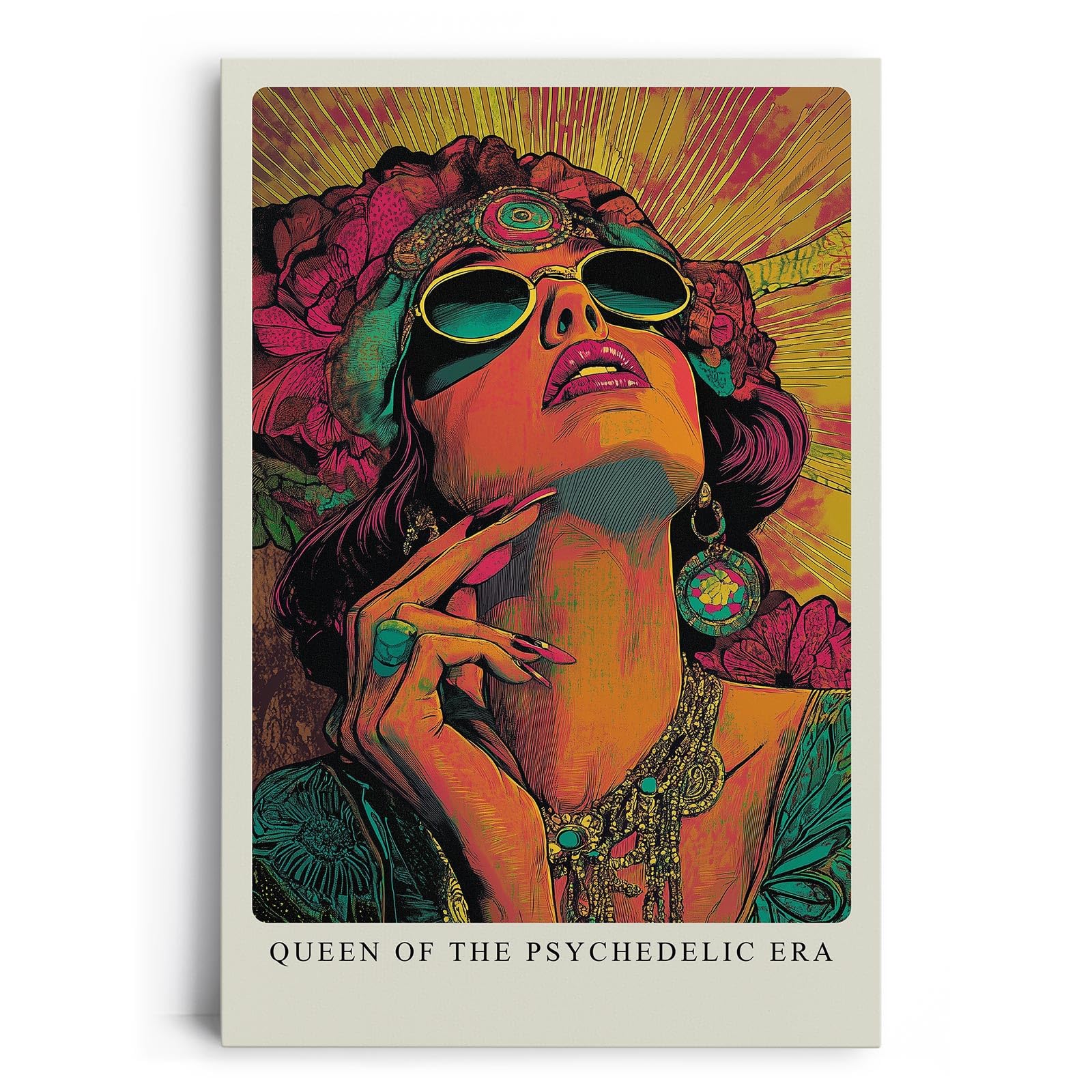 Paul Sinus Leinwandbild 60x90cm psychedelische Queen in leuchtenden Farben und ikonischem Retro-Stil – kunstvolles Leinwandbild