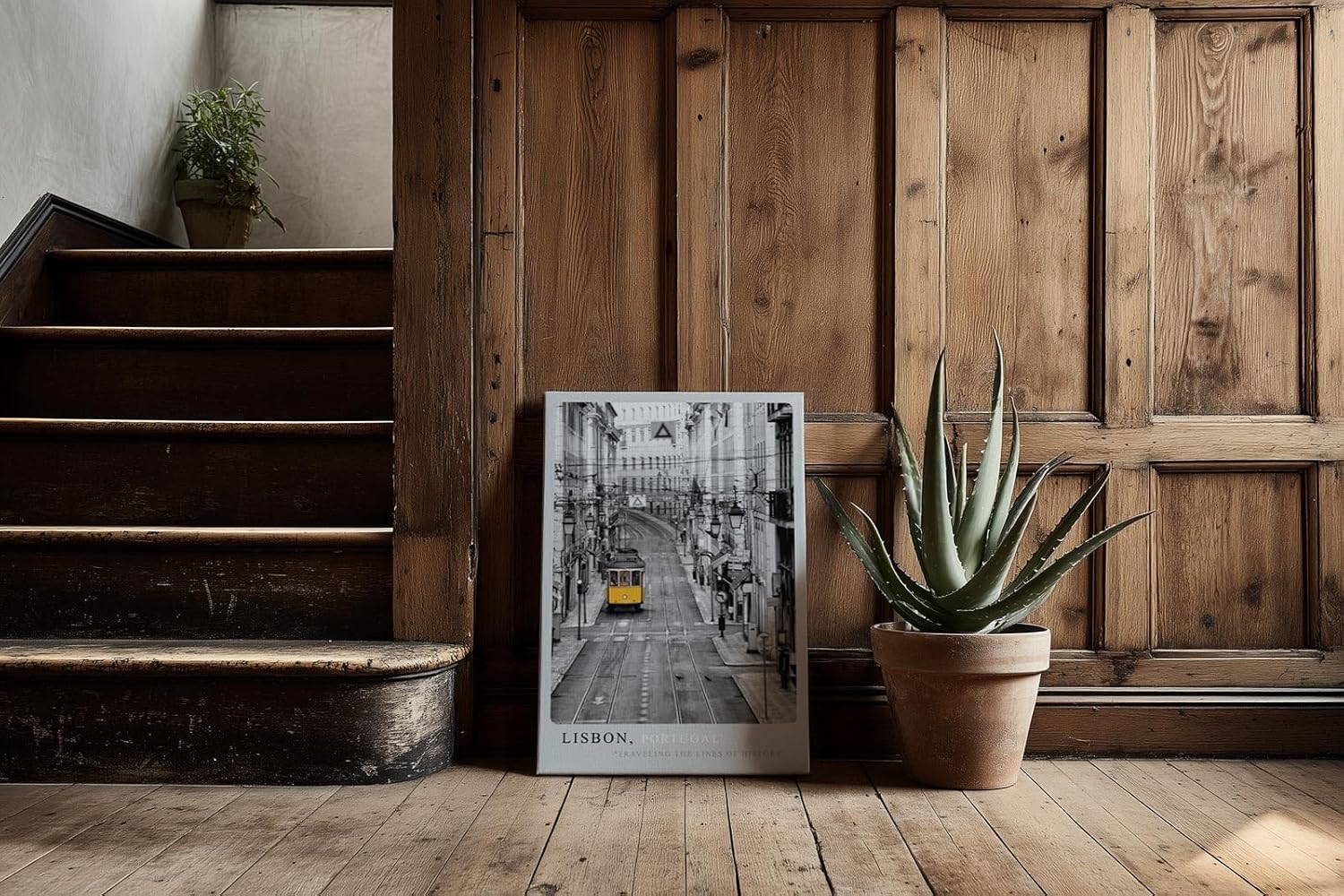 Paul Sinus Kunstdruck 40x60cm Lissabon mit gelber Straßenbahn – historisches Stadtbild mit farbigem Akzent in Schwarzweiß
