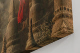 Sinus Art Wandbild 120x80cm Junger Mönch mit Schirm zwischen alten Stupas – Symbol für Glaube und Einkehr