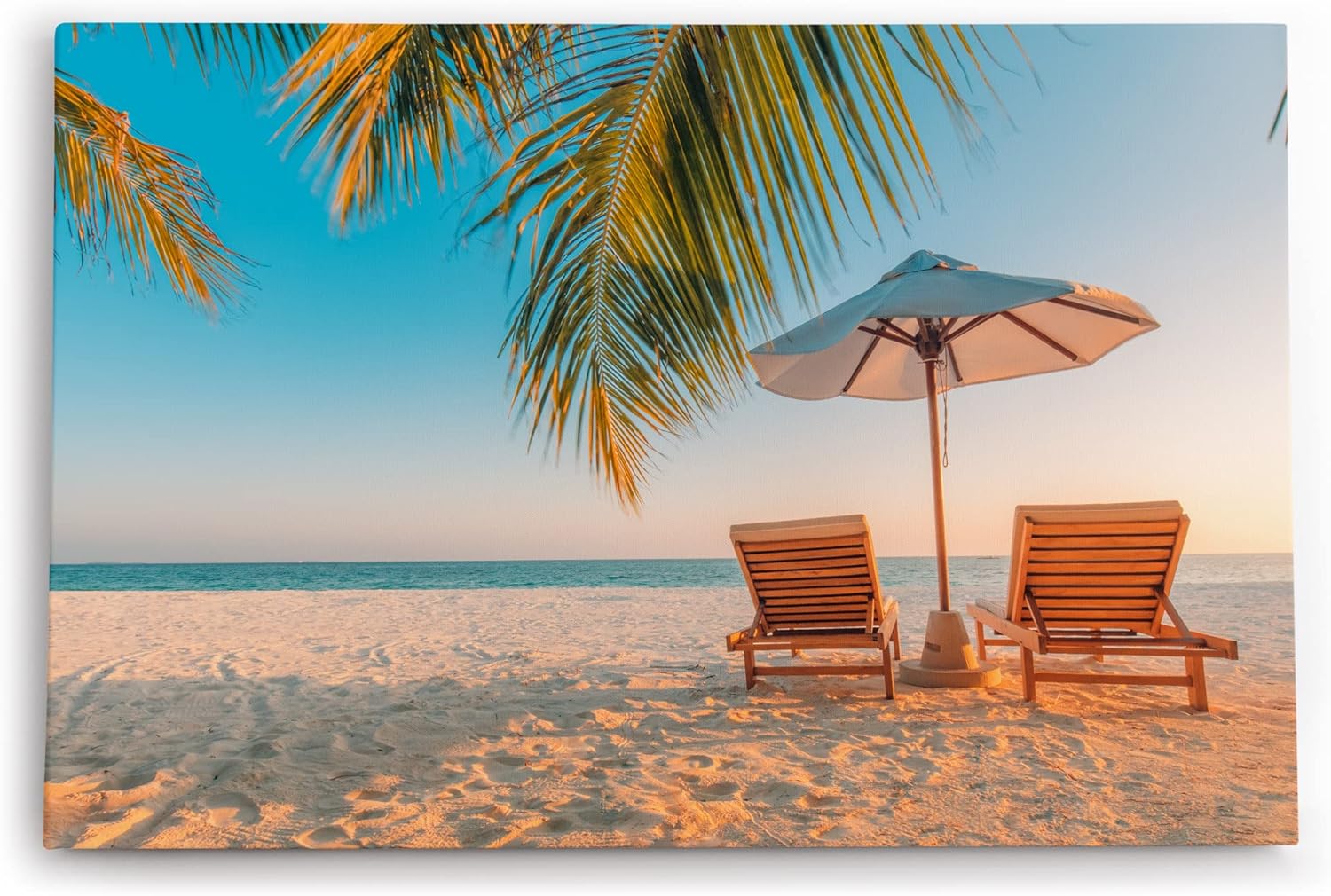 Wandbild 120x80cm Sommer Strand Traumstrand Palme Liegen Urlaub