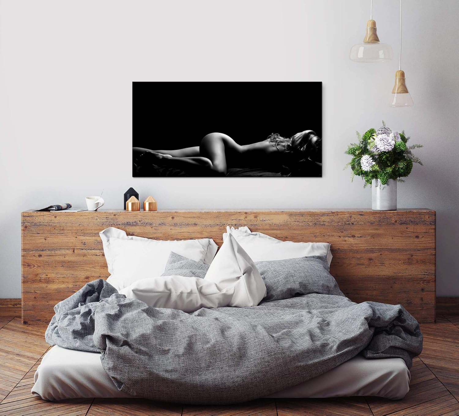 Nackte Frau im Bett ca. 130x70cm Wandbild inklusive Schattenfugenrahmen weiss - Panorama Leinwand Bild XXL Format Wandbilder Wohnzimmer Wohnung Deko Kunstdrucke