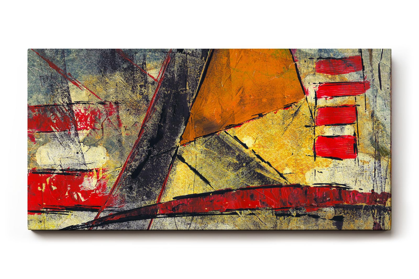 Sinus Art Wandbild 120x80cm Grafische Formen und Linien in Rot, Gelb und Schwarz auf strukturreichem Untergrund