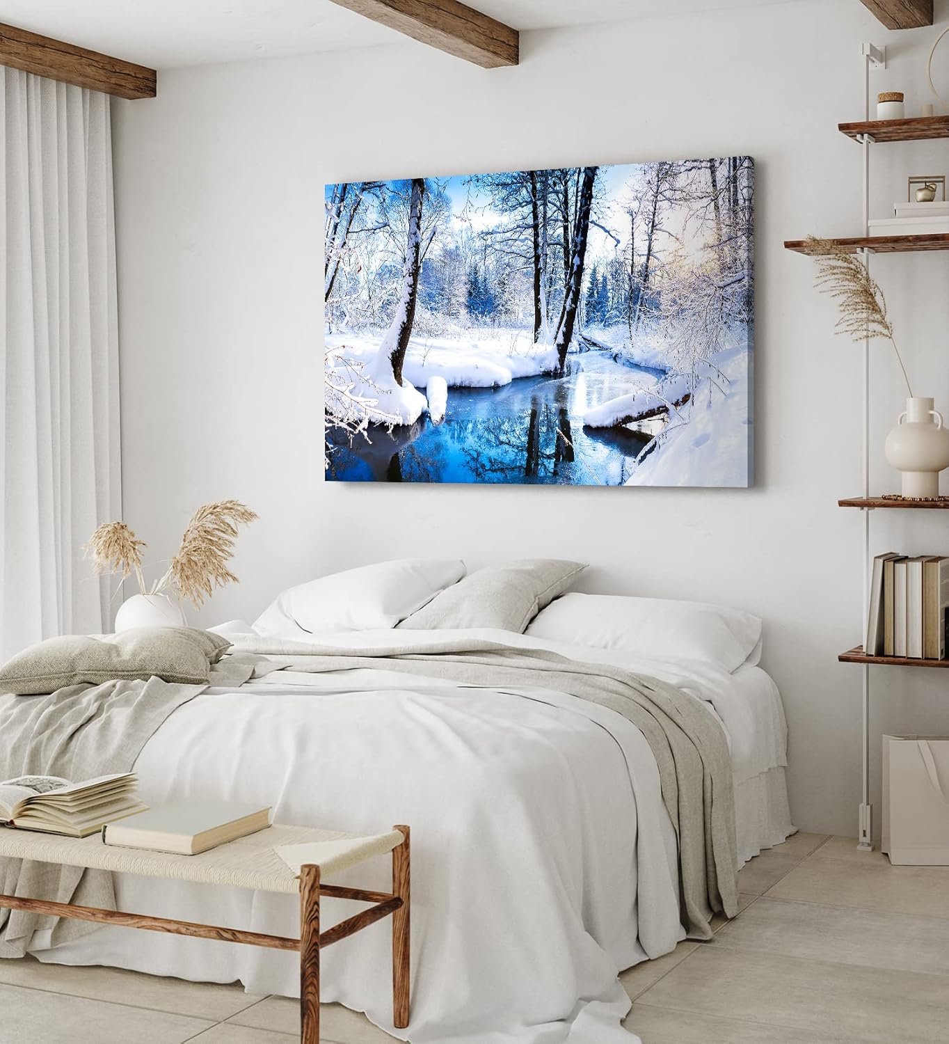 Wandbild 120x80cm Bach im Wald Winter Schnee Winterlandschaft Weiß