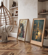 Paul Sinus Leinwandbild 60x90cm Rendezvous in Paris – Romantische Nachtaufnahme mit Eiffelturm, Regen und geheimnisvoller Frau unter einem Schirm