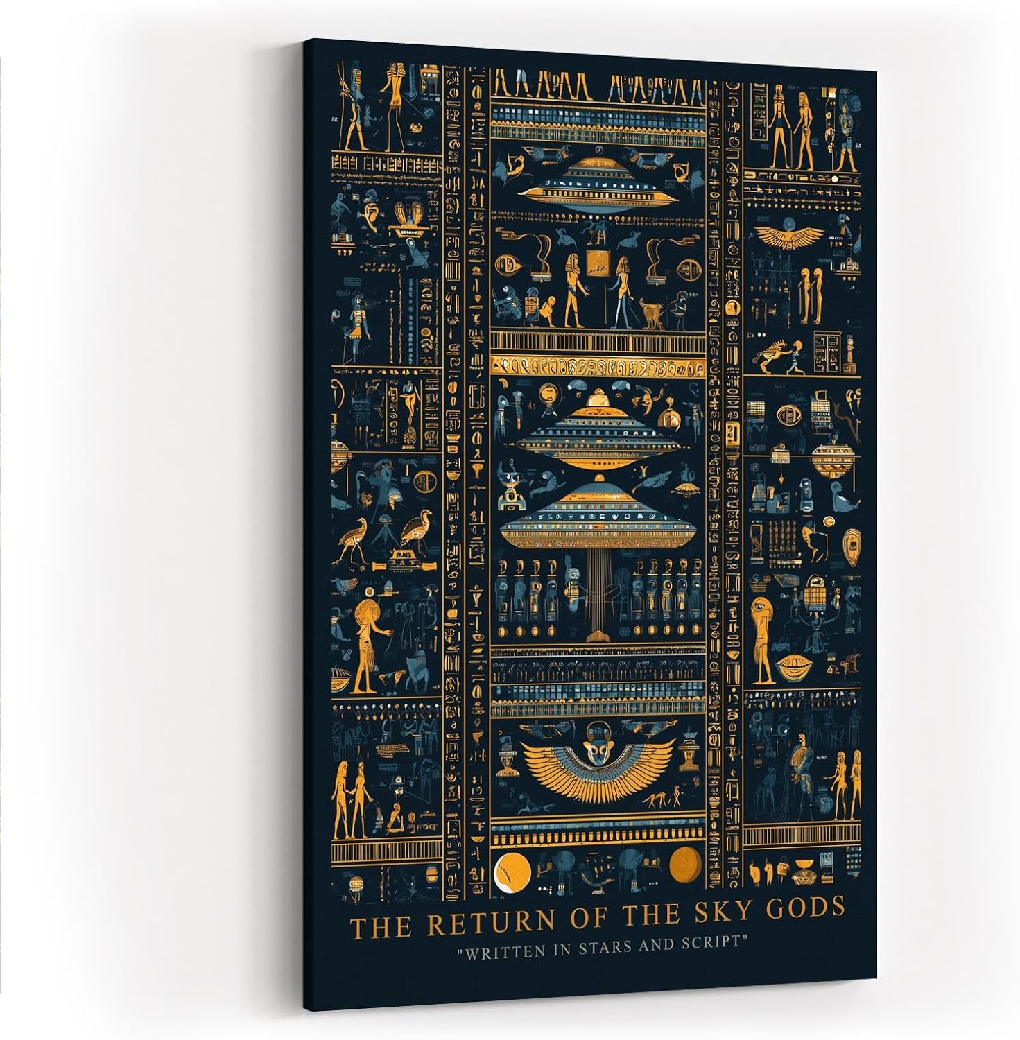 Paul Sinus Wandbild in 40x60cm The Return of the Sky Gods – Goldene und blaue Hieroglyphen mit futuristischen Raumschiffen