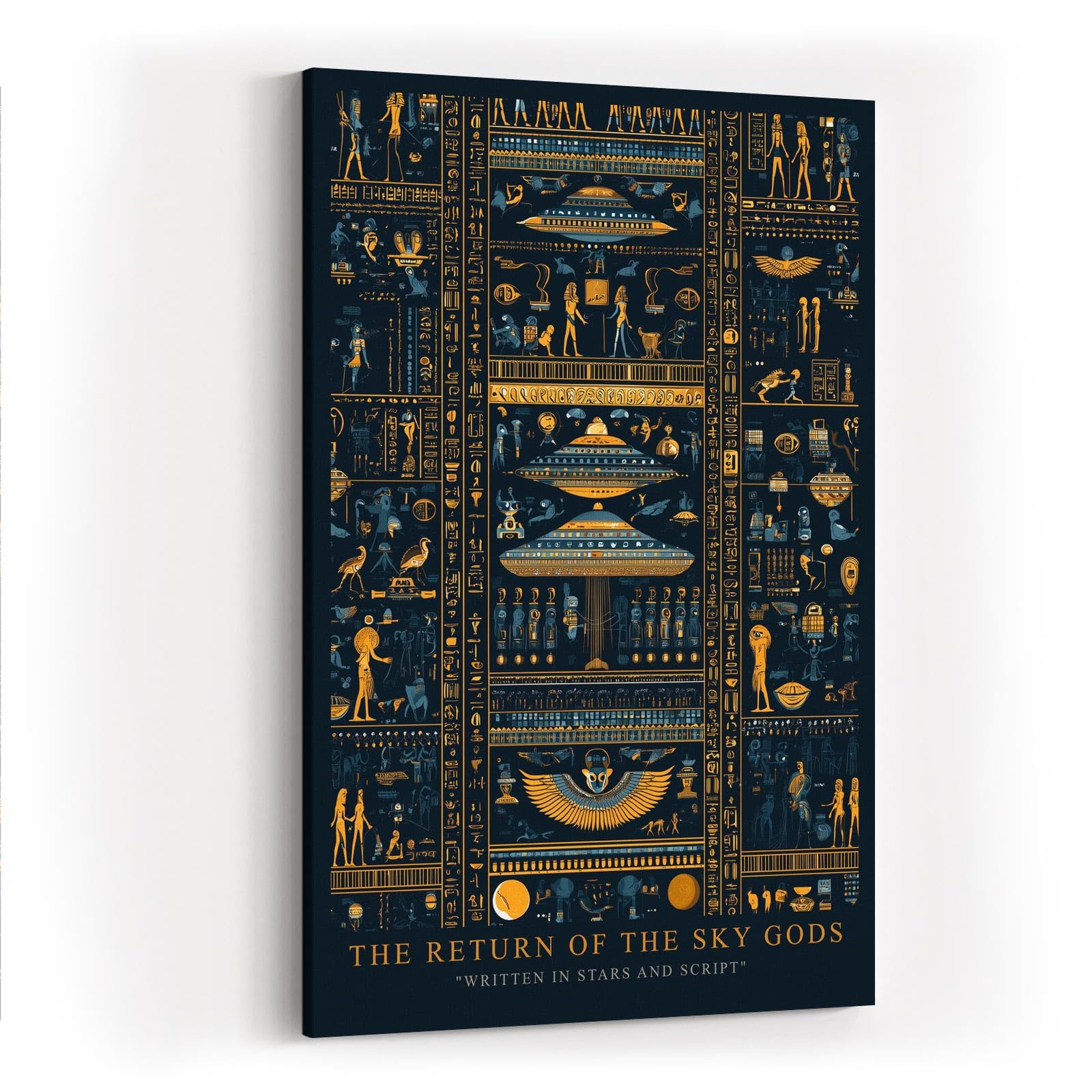 Paul Sinus Wandbild in 40x60cm The Return of the Sky Gods – Goldene und blaue Hieroglyphen mit futuristischen Raumschiffen