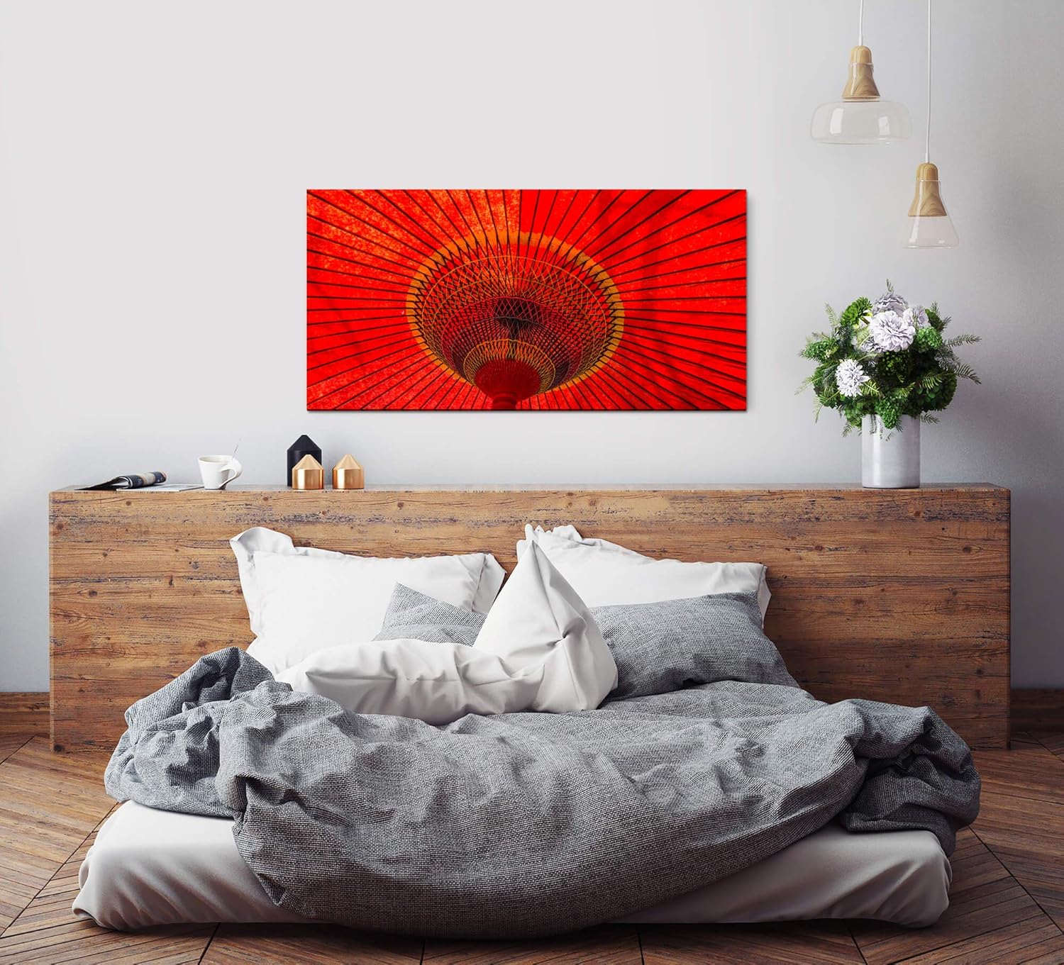 Japanischer Regenschirm ca. 130x70cm Wandbild inklusive Schattenfugenrahmen schwarz - Panorama Leinwand Bild XXL Format Wandbilder Wohnzimmer Wohnung Deko Kunstdrucke