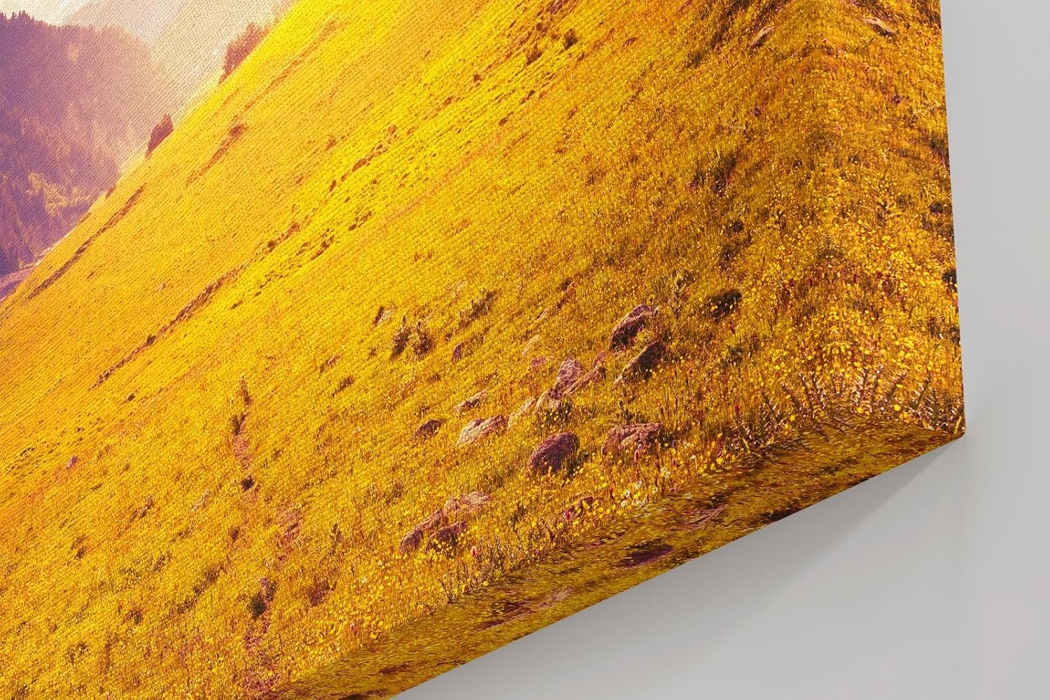 Sinus Art Wandbild 120x80cm Sonnenuntergang taucht Bergwiese in goldenes Licht mit dramatischem Himmel