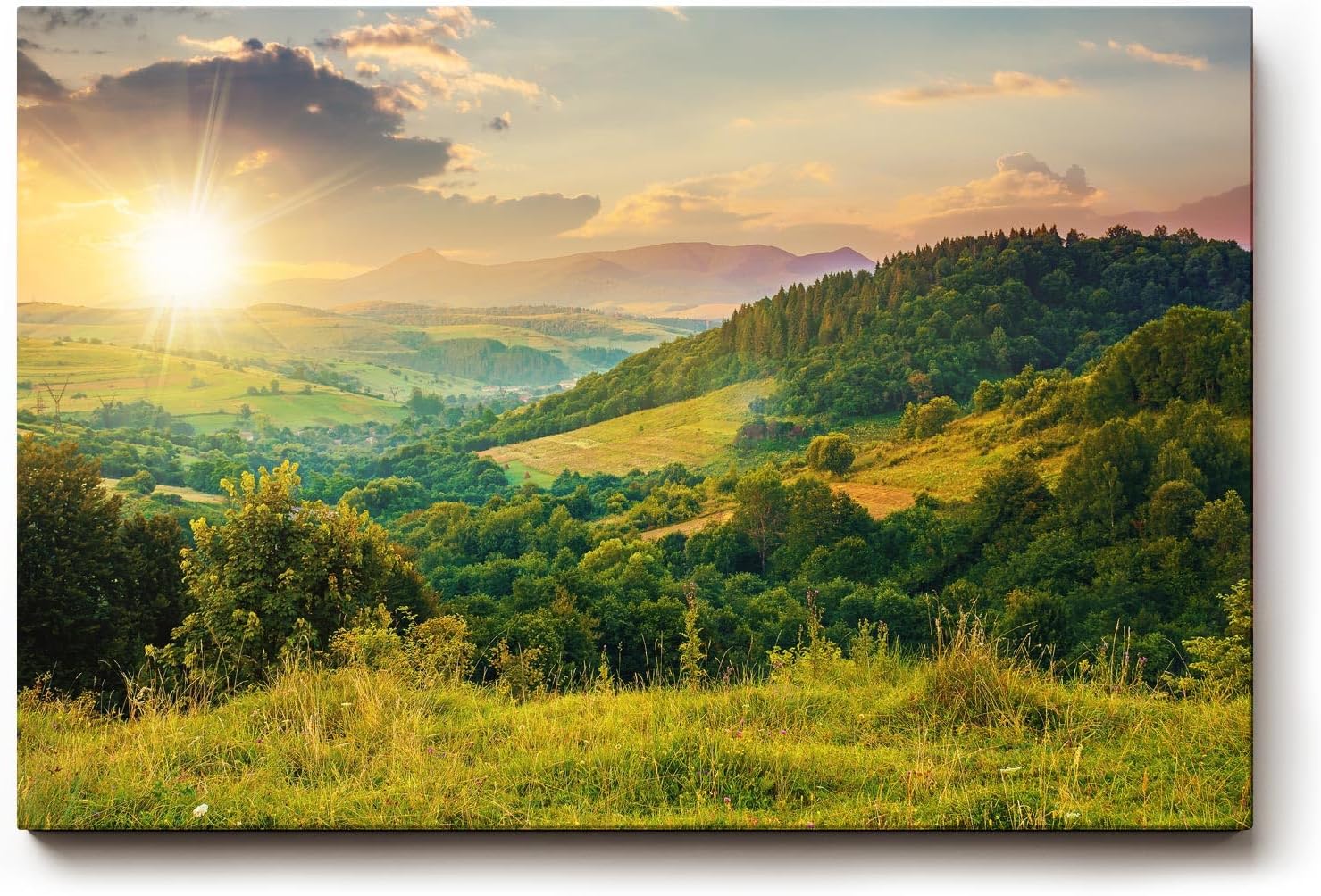 Sinus Art Wandbild 120x80cm Sanfte Hügellandschaft mit kräftigem Sonnenaufgang in natürlicher Weite