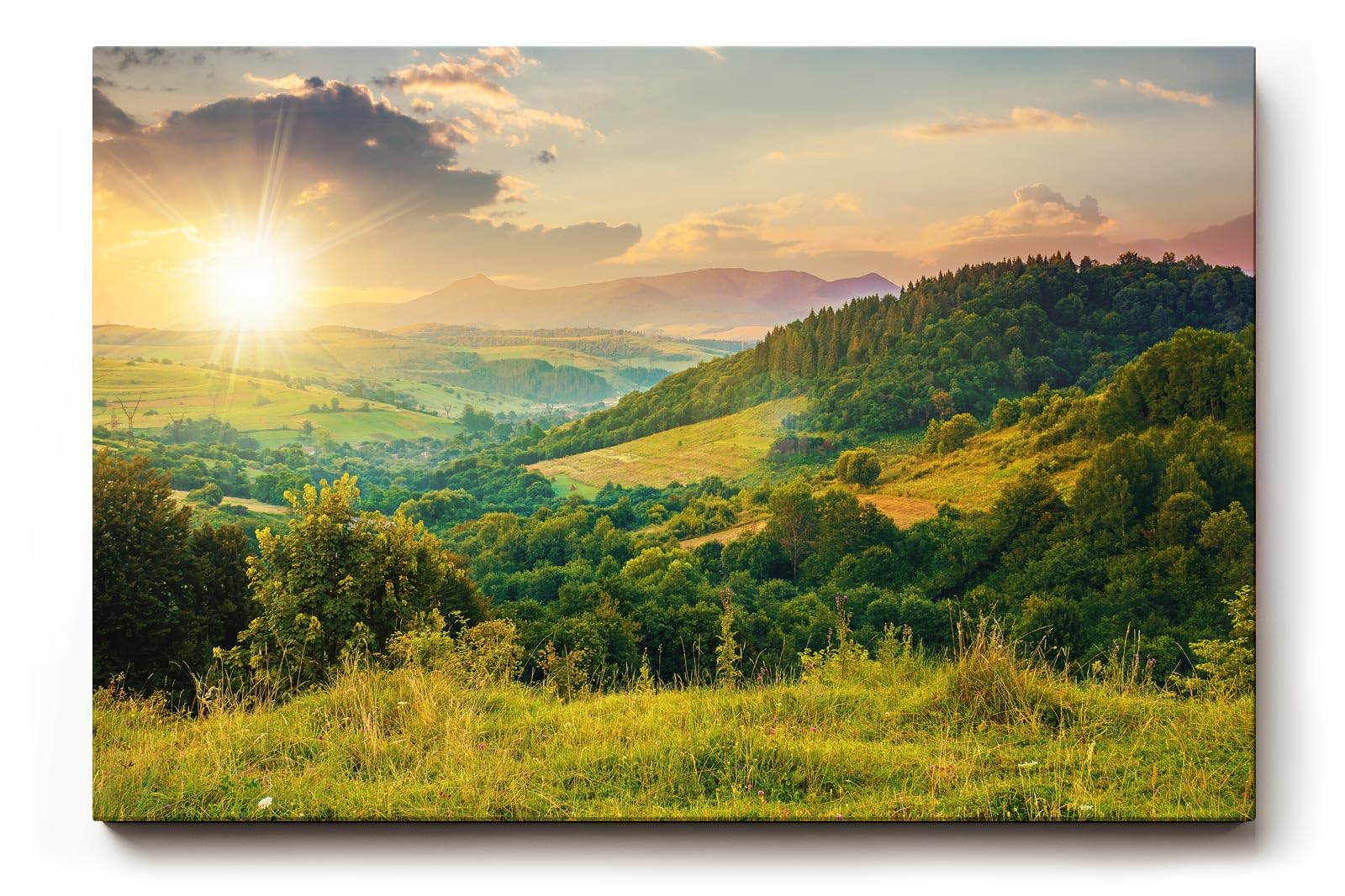 Sinus Art Wandbild 120x80cm Sanfte Hügellandschaft mit kräftigem Sonnenaufgang in natürlicher Weite