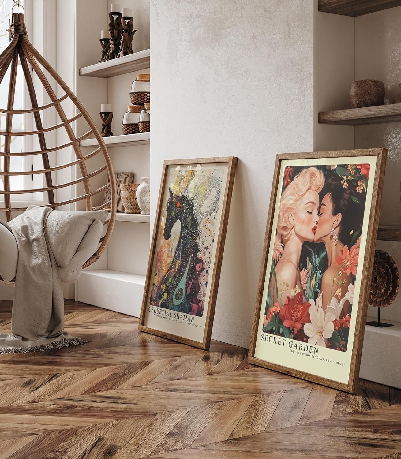 Paul Sinus Leinwandbild 80x120cm Geheimer Garten – Ausdrucksstarke Illustration zweier Frauen in inniger Verbindung, umgeben von floraler Pracht